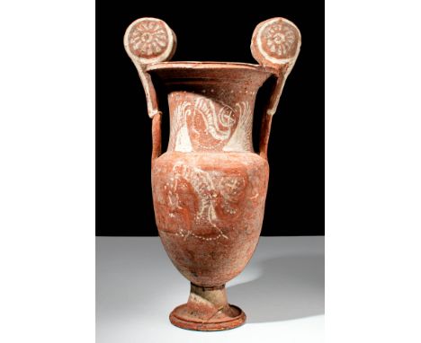 Magna Graecia, South Italy, Ca. 300 BC.A volute krater crafted from terracotta, characterized by an egg-shaped body that tape