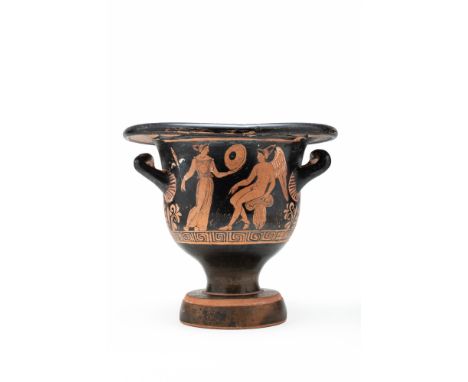 Ca. 350 BC.A pottery bell krater composed of a bell-shaped body with a broad flange featuring a round rim and a pair of handl