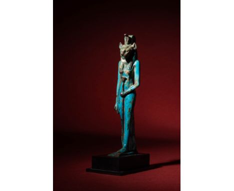 Late to Ptolemaic Period, Ca. 664 - 30 BC.An Egyptian faience statuette of Sekhmet, the lioness-headed goddess of the sun, de