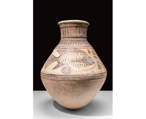 New Kingdom, Ca. 1550 - 1069 BC.A stunning Egyptian New Kingdom jar, possibly from the Amarna period. The jar is painted with