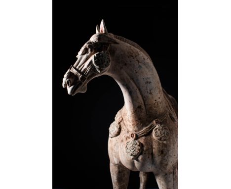Tang Dynasty, Ca. AD 618 - 907.A Chinese terracotta horse. It stands on a rectangular base, with elaborately decorated saddle