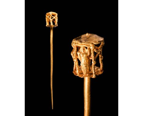Ca. 300 - 100 BC or later. A possibly Hellenistic or later 22.5 ct gold pin consisting of a long tapered needle and surmounte