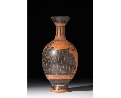 Ca. 400 - 300 BC.A pottery lekythos. It was a vessel used particularly during funerary practices. It typically served as an o