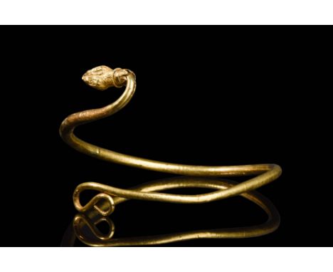 Ptolemaic Period, Ca. 525 - 30 BC.A heavy gold spiral snake arm ring, terminating with a tapered loop tail and opposing is a 