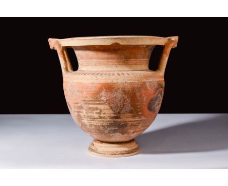 Ca. 300 - 200 BC.A pottery column krater with round base, concave foot, handles on shoulder, and a flat rim. Decorated with d