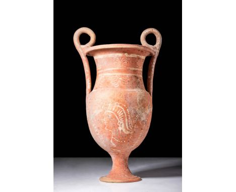 Ca. 300 BC.A Canosan volute krater crafted from terracotta, characterised by an egg-shaped body that tapers on a stem, ultima