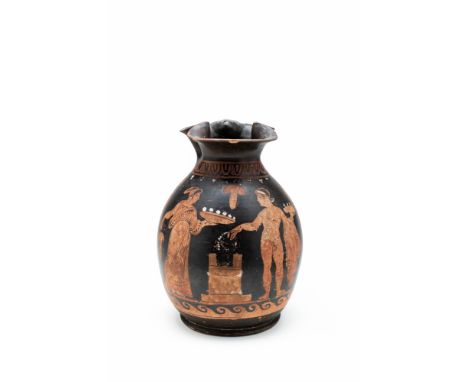 Ca. 4th century BC.A black-glazed red-figure oinochoe, fashioned from ceramic material, presents a bulbous body resting on a 