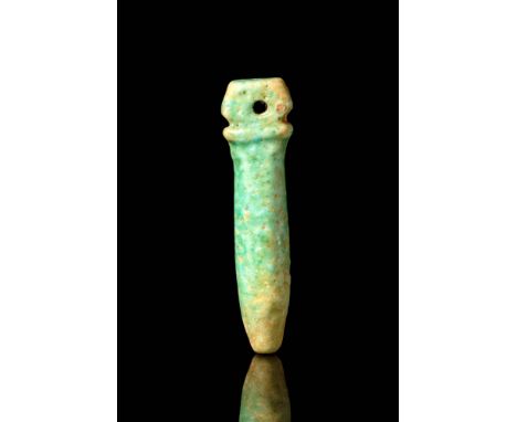 Late Period, Ca. 664 - 332 BC.A papyrus column amulet, known as Wadj sceptre, made of light blue glazed faience with a suspen