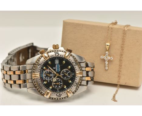 A FESTINA CHRONO BIKE WATCH AND A YELLOW METAL CUBIC ZIRCONIA CROSS PENDANT AND CHAIN, the watch with black face and three su