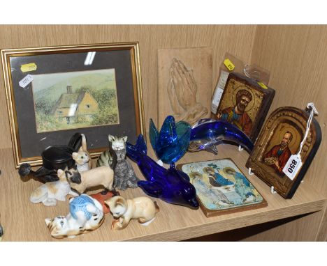 A GROUP OF PICTURES, CERAMICS AND GLASS WARES, to include two modern religious icons, a wooden panel carved with praying hand