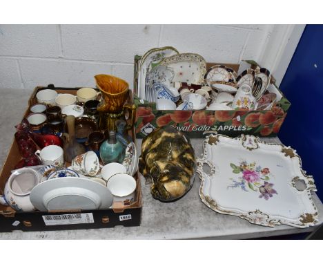 TWO BOXES AND LOOSE CERAMICS to include three Wedgwood red to clear paperweights in the form of a bird, whale, and frog, two 
