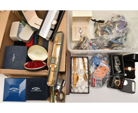 TWO BOXES OF ASSORTED FASHION WRISTWATCHES AND WATCH BOXES, to include a variety of ladies and gents fashion wristwatches nam