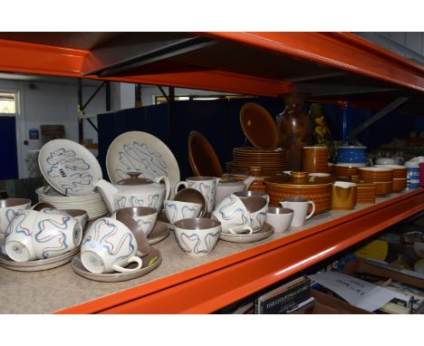 A BOX AND LOOSE CERAMICS, METALWARE AND SUNDRY ITEMS, to include a forty one piece Poole Pottery 'Ariadne' tea set, a forty t