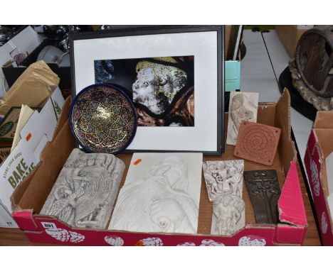 A BOX OF RELIGIOUS DECORATIVE ITEMS to include a stone/plaster composite relief depicting the bas relief of 'The Three Magi, 