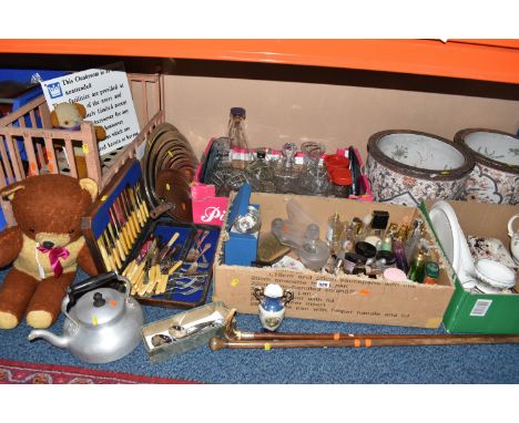 THREE BOXES AND LOOSE MIXED CERAMICS, GLASS AND MISCELLANOEUS SUNDRIES to include two large oriental style planters, a Royal 