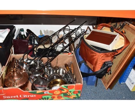 THREE BOXES AND LOOSE MISCELLANEOUS ITEMS, to include Old Hall stainless steel tea ware, large copper kettle, Chinese brass d