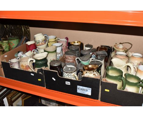 FOUR BOXES AND LOOSE ASSORTED JUGS, TINS, AND TRAYS to include three graduating Empress floral jugs, a quantity of blush ivor