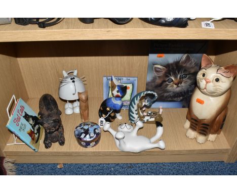 A COLLECTION OF CAT RELATED DECORATIVE ITEMS ETC to include a vintage Bretby art pottery cat (repair to the foot, loss to the