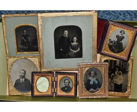 A TRAY COMPRISING SEVEN LATE NINETEENTH/EARLY TWENTIETH CENTURY PICTURES, POSSIBLY AMBROTYPE OR DAGUERROTYPE, all in gilt mou