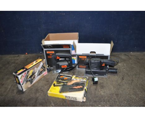 A TRAY CONTAINING POWER AND CARPENTRY TOOLS including Challenge sander and jigsaw (both PAT pass and working), a Stanley Hand
