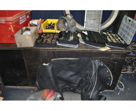 A SELECTION OF VINTAGE CAR PARTS including a copper 'H&amp;B' no 1130 headlamp, a distressed Goodrich Cord white wall tyre, a