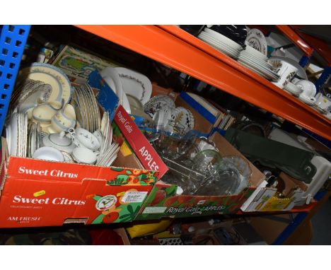 THREE BOXES OF CERAMICS AND GLASS WARE, to include six Denby Linen teacups and saucers, twelve Minton tea plates - six of eac