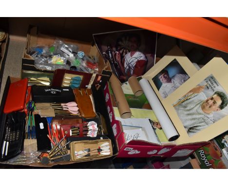 Three Boxes of Darts and Snooker Ephemera to include a box of various Dart sets, including wood, brass, tungsten and steel, a