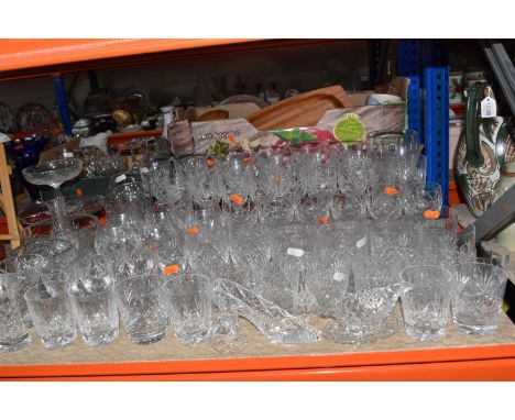 A COLLECTION OF CRYSTAL CUT GLASSWARE to include Tutbury whisky tumblers, a group of small wine glasses marked 'S,' a Royal S