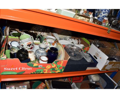 FIVE BOXES AND LOOSE CERAMICS AND GLASSWARE to include a box of assorted vases and jugs to include a Sadler ginger jar, an em