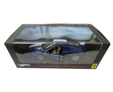 A boxed Hotwheels Limited Edition Ferrari Challenge Stradale 1:18 scale model, in blue