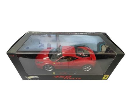 A boxed Hotwheels Limited Edition Ferrari 458 Italia 1:18 scale model, in red