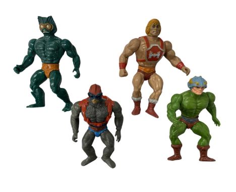 A collection of vintage He-Man action figures, to include: - He-Man - Stratos - Man at Arms - Mer-Man(a/f)