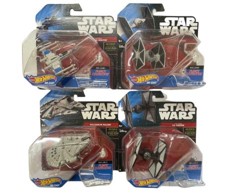 Four boxed and carded die-cast Hot Wheels Star Wars ships, to include: - X-Wing - TIE Fighter - Millenium Falcon - First Orde