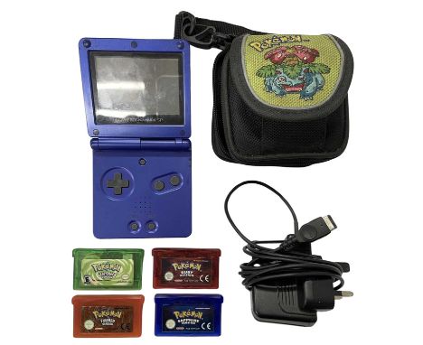 A Game Boy Advance SP handheld console, with Pokemon carry case and 4 x Pokemon game cartridges (Firebird / Leafgreen / Ruby 