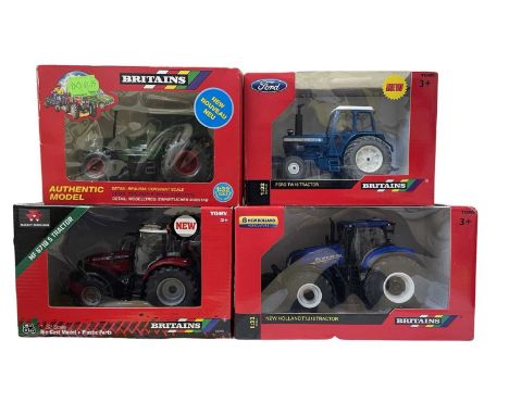 Four boxed Britains 1:32 scale die-cast models, to include: - Ford TW10  - New Holland T7.315 - MF 6718 5  - fendt 615 LSA