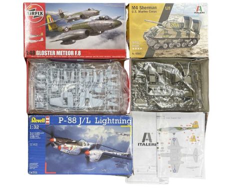 A trio of model making kits, to include: - Italeri: M4 Sherman Tank, US Marine Corps 1:35 scale - Revell: P-38 J/L Lightnint 