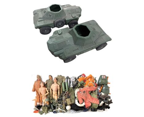 A large collection of very playworn Action Man figures, accessories, outfits and vehicles.
