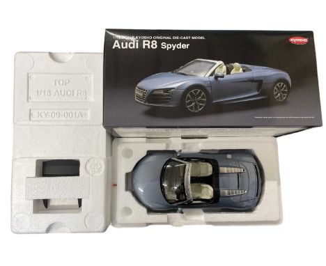 A boxed Kyosho Original die-cast Audi R8 Spyder 1:18 scale model, in blue