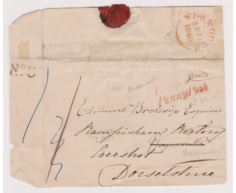 Great Britain 1840-Wrapper piece posted Bridgewater-Weymouth cancelled with 2 line red Bridgewater penny post and SE11 1840 W