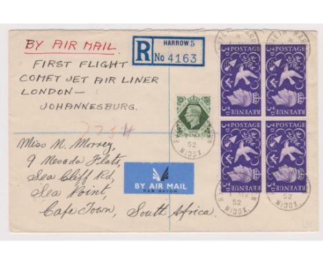 Great Britain 1952-envelope posted registered air mail to Cape Town annotated by Air Mail 1st Flight Comet Het Air Liner Lond