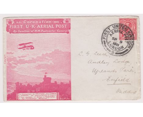 Great Britain 1911-First UK Aerial Post-illustrated envelope posted to Enfield, Middlesex cancelled 9th Sept 1911 First Unite
