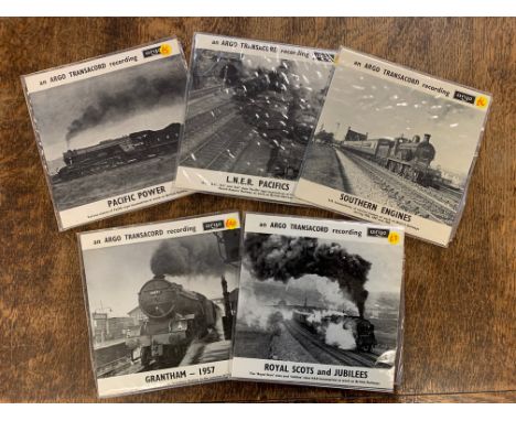 Steam Engine Vinyl Recordings. A collection of five 7" vinyl singles containing recordings from the 1950s of steam trains on 