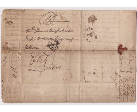 Great Britain 1733 - Legal document posted to London - stamped with a black crown and smudged Bishop's Mark Distressed in pla