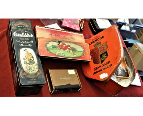 Collection of vintage metal tins and boxes including East West Home's Best vintage biscuit tin 1950s (24cm length) and cigare