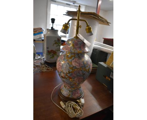 A Modern Decorative Chinese Style Double Arm Table Lamp, large size with a gold and floral relief. 