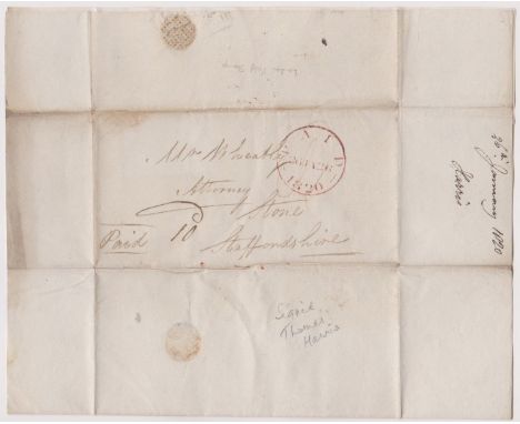 Great Britain 1820-EL dated 26th Jan 1820-posted to Stone Staffs-manuscript paid and 10 large red sing circle paid/26JA26/182