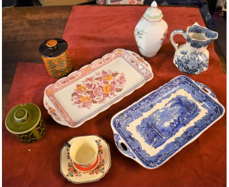 A Floral Spode urn with lid Country Lane 19.5cm high, blue &amp; white Masons octagonal jug (handle break and glue repair), a