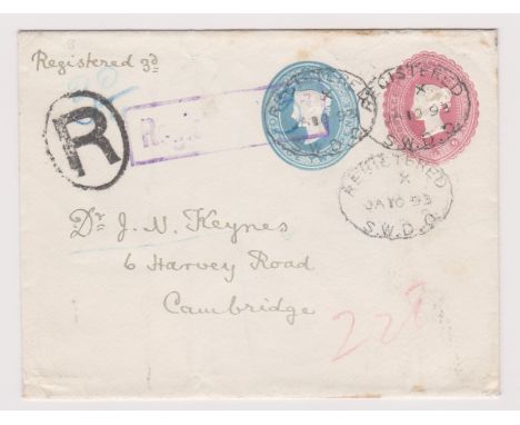 Great Britain 1893--prepaid envelope posted registered to Cambridge-cancelled 10.1.93 registered S.W.D.O. on 2d blue and 2.1/