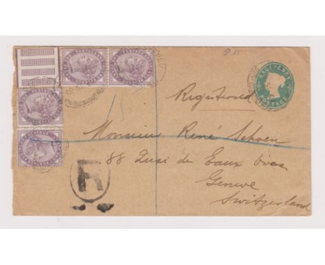 Great Britain 1901-Prepaid Michel U14 envelope posted registered to Geneva cancelled registered Smithfield Market on 1/2d pos