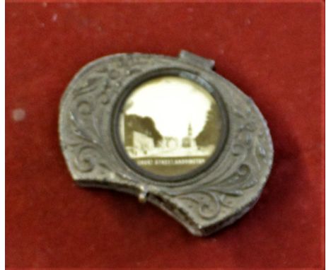 Vintage Pewter trinket box having an ornate floral design, with a picture of Court Street, Haddington in Scotland inset into 